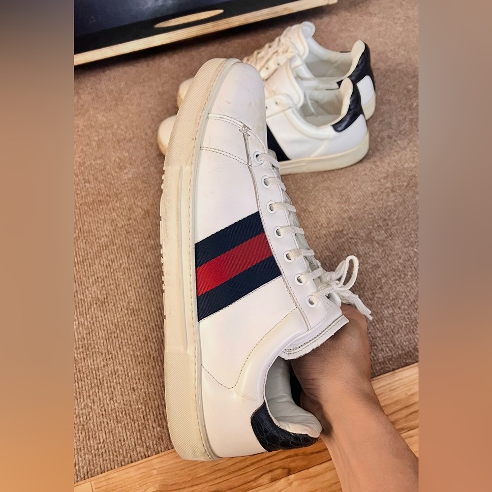 2 pairs of Gucci White Leather Sneaker with Navy and Red Web Stripe